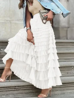 Women's Skirt A Line Maxi Skirts Ruffle Layered Solid Colored Street Daily Winter Fashion Casual White Fuchsia Women Skirts