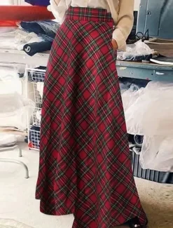 Sale Women's Skirt A Line Maxi Skirts Pocket Print Plaid Street Daily Winter Fashion Casual Black Red Green Women Skirts