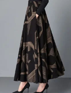 Hot Women's Skirt A Line Maxi High Waist Skirts Pleated Pocket Print Floral Office / Career Street Winter Fashion Casual Black Yellow Red Women Skirts