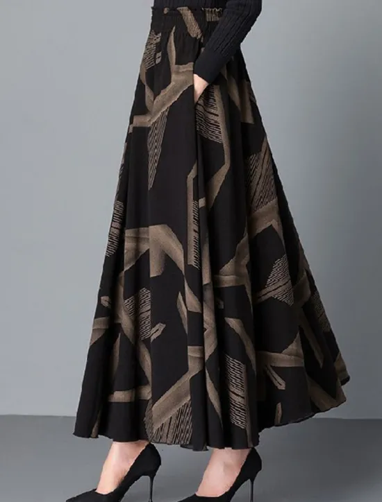Hot Women's Skirt A Line Maxi High Waist Skirts Pleated Pocket Print Floral Office / Career Street Winter Fashion Casual Black Yellow Red Women Skirts