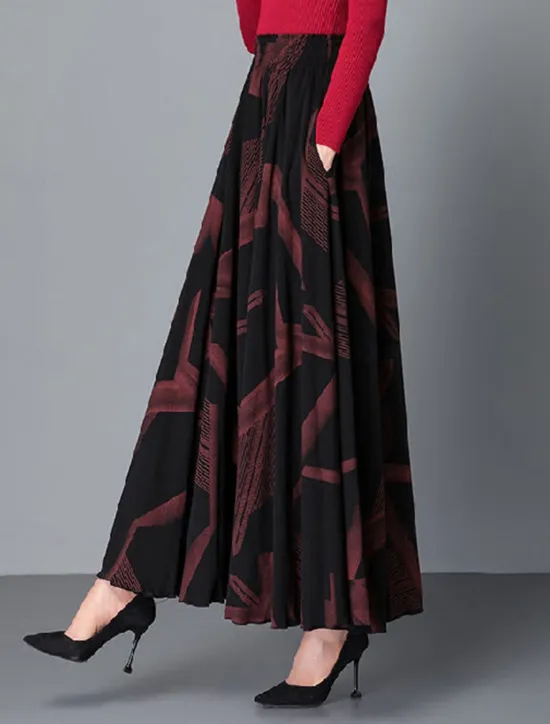 Hot Women's Skirt A Line Maxi High Waist Skirts Pleated Pocket Print Floral Office / Career Street Winter Fashion Casual Black Yellow Red Women Skirts