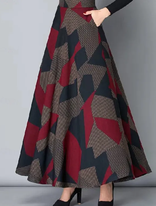 Hot Women's Skirt A Line Maxi High Waist Skirts Pleated Pocket Print Floral Office / Career Street Winter Fashion Casual Black Yellow Red Women Skirts