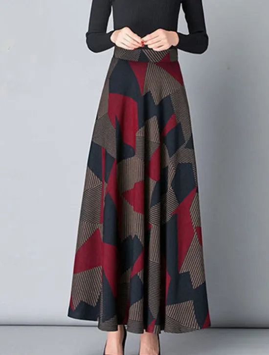 Hot Women's Skirt A Line Maxi High Waist Skirts Pleated Pocket Print Floral Office / Career Street Winter Fashion Casual Black Yellow Red Women Skirts