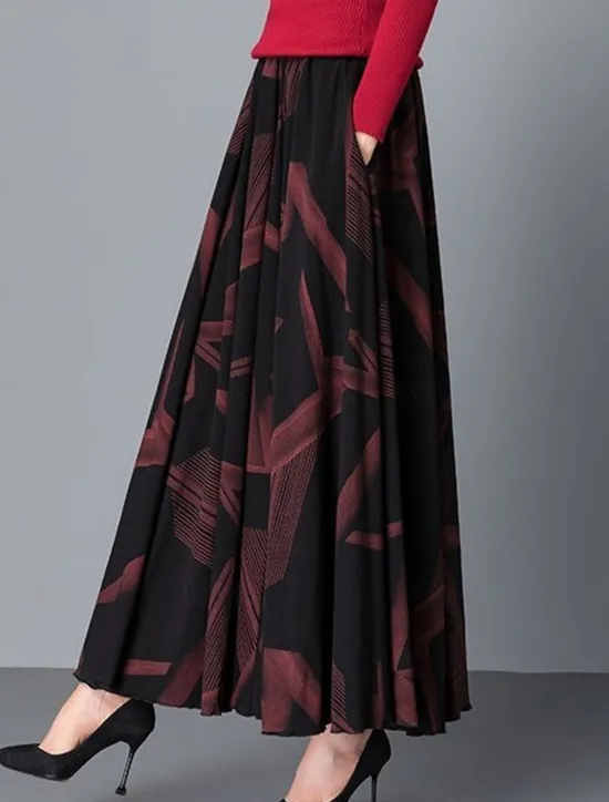Hot Women's Skirt A Line Maxi High Waist Skirts Pleated Pocket Print Floral Office / Career Street Winter Fashion Casual Black Yellow Red Women Skirts