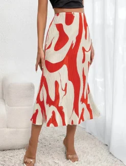 Women's Skirt A Line Midi Skirts Print Geometric Color Block Street Date Summer Fashion Red Blue Dark Gray Beige Women Skirts