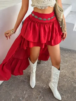 Discount Women's Skirt A Line Solid Color Fashion Casual Mini High Waist Skirts Plain Ruffle Layered Micro-elastic Vacation Street Black White Red Blue Summer Polyester Women Skirts