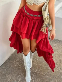Discount Women's Skirt A Line Solid Color Fashion Casual Mini High Waist Skirts Plain Ruffle Layered Micro-elastic Vacation Street Black White Red Blue Summer Polyester Women Skirts