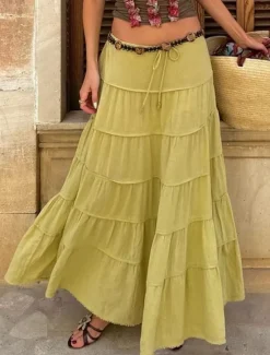 Online Women's Skirt A Line Solid Color Fashion Casual Maxi High Waist Skirts Plain Layered Micro-elastic Vacation Street Black White Orange Green Summer Polyester Women Skirts