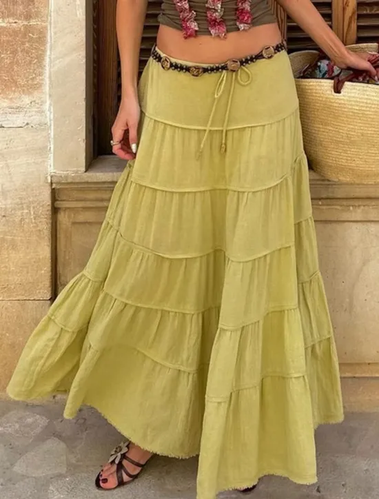 Online Women's Skirt A Line Solid Color Fashion Casual Maxi High Waist Skirts Plain Layered Micro-elastic Vacation Street Black White Orange Green Summer Polyester Women Skirts