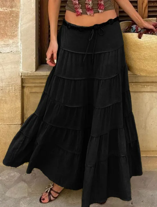 Online Women's Skirt A Line Solid Color Fashion Casual Maxi High Waist Skirts Plain Layered Micro-elastic Vacation Street Black White Orange Green Summer Polyester Women Skirts