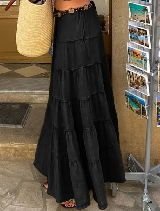 Online Women's Skirt A Line Solid Color Fashion Casual Maxi High Waist Skirts Plain Layered Micro-elastic Vacation Street Black White Orange Green Summer Polyester Women Skirts