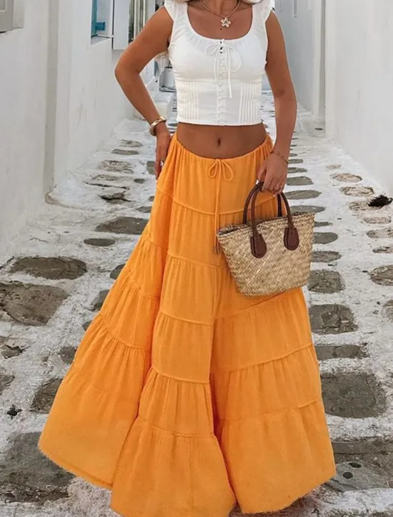 Online Women's Skirt A Line Solid Color Fashion Casual Maxi High Waist Skirts Plain Layered Micro-elastic Vacation Street Black White Orange Green Summer Polyester Women Skirts