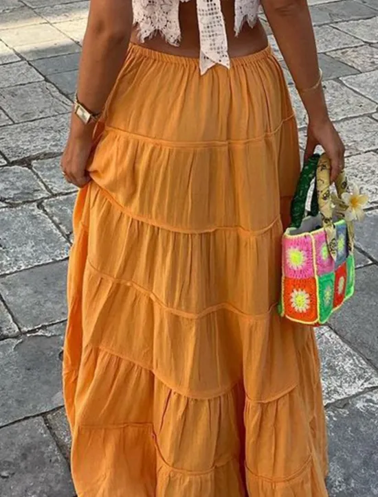 Online Women's Skirt A Line Solid Color Fashion Casual Maxi High Waist Skirts Plain Layered Micro-elastic Vacation Street Black White Orange Green Summer Polyester Women Skirts