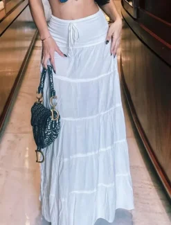 Online Women's Skirt A Line Solid Color Fashion Casual Maxi High Waist Skirts Plain Layered Micro-elastic Vacation Street Black White Orange Green Summer Polyester Women Skirts