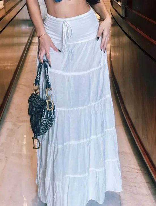Online Women's Skirt A Line Solid Color Fashion Casual Maxi High Waist Skirts Plain Layered Micro-elastic Vacation Street Black White Orange Green Summer Polyester Women Skirts