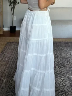 Online Women's Skirt A Line Solid Color Fashion Casual Maxi High Waist Skirts Plain Layered Micro-elastic Vacation Street Black White Orange Green Summer Polyester Women Skirts