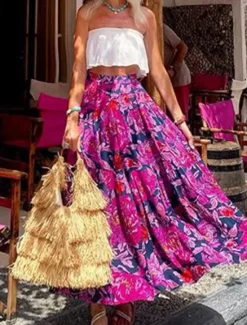Hot Women's Skirt A Line Swing Maxi Skirts Print Floral Holiday Vacation Summer Casual Boho Women Skirts