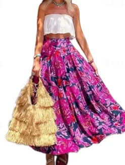 Hot Women's Skirt A Line Swing Maxi Skirts Print Floral Holiday Vacation Summer Casual Boho Women Skirts