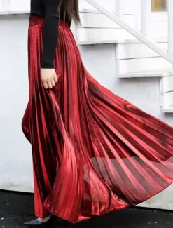 Outlet Women's Skirt A Line Swing Long Skirt Elegant Fashion Maxi High Waist Skirts Solid Colored Pleated Street Daily Silver Wine Red Black Golden Winter Cotton Blend Velvet Women Skirts