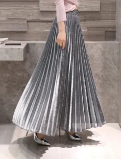Outlet Women's Skirt A Line Swing Long Skirt Elegant Fashion Maxi High Waist Skirts Solid Colored Pleated Street Daily Silver Wine Red Black Golden Winter Cotton Blend Velvet Women Skirts