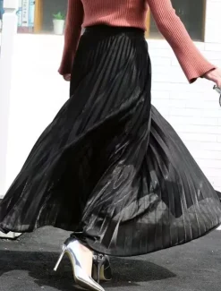 Outlet Women's Skirt A Line Swing Long Skirt Elegant Fashion Maxi High Waist Skirts Solid Colored Pleated Street Daily Silver Wine Red Black Golden Winter Cotton Blend Velvet Women Skirts