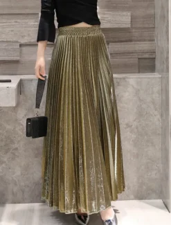 Outlet Women's Skirt A Line Swing Long Skirt Elegant Fashion Maxi High Waist Skirts Solid Colored Pleated Street Daily Silver Wine Red Black Golden Winter Cotton Blend Velvet Women Skirts