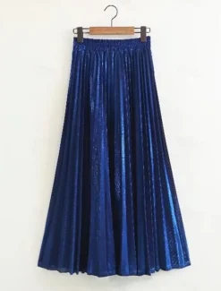 Outlet Women's Skirt A Line Swing Long Skirt Elegant Fashion Maxi High Waist Skirts Solid Colored Pleated Street Daily Silver Wine Red Black Golden Winter Cotton Blend Velvet Women Skirts