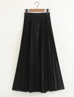Outlet Women's Skirt A Line Swing Long Skirt Elegant Fashion Maxi High Waist Skirts Solid Colored Pleated Street Daily Silver Wine Red Black Golden Winter Cotton Blend Velvet Women Skirts