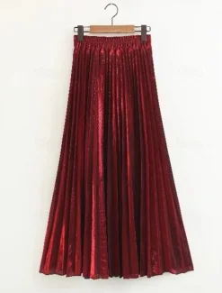 Outlet Women's Skirt A Line Swing Long Skirt Elegant Fashion Maxi High Waist Skirts Solid Colored Pleated Street Daily Silver Wine Red Black Golden Winter Cotton Blend Velvet Women Skirts