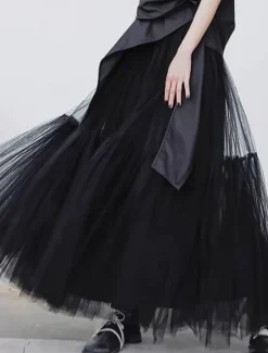 Online Women's Skirt A Line Swing Fashion Casual Maxi High Waist Skirts Solid Colored Layered Casual Daily Weekend Black Blue Summer Tulle Women Skirts