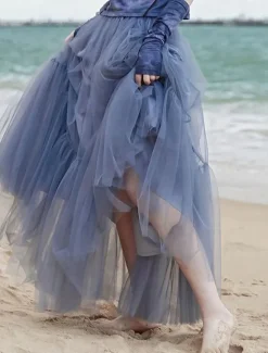 Online Women's Skirt A Line Swing Fashion Casual Maxi High Waist Skirts Solid Colored Layered Casual Daily Weekend Black Blue Summer Tulle Women Skirts