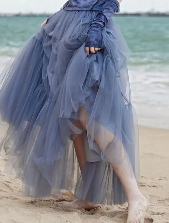 Online Women's Skirt A Line Swing Fashion Casual Maxi High Waist Skirts Solid Colored Layered Casual Daily Weekend Black Blue Summer Tulle Women Skirts
