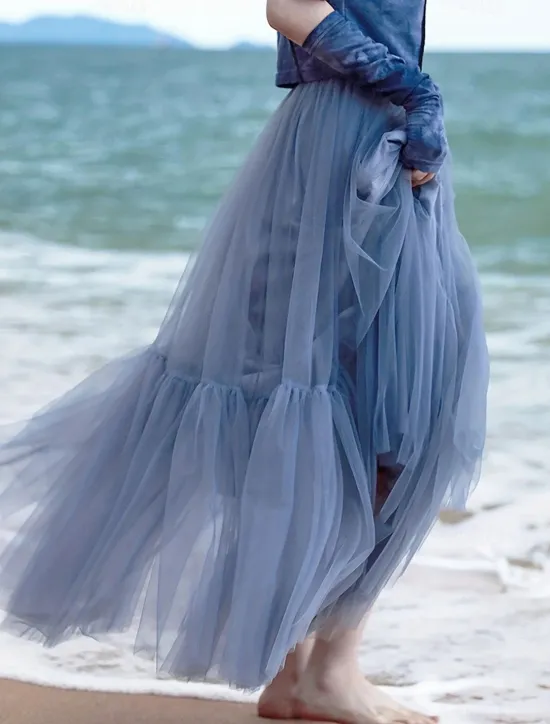 Online Women's Skirt A Line Swing Fashion Casual Maxi High Waist Skirts Solid Colored Layered Casual Daily Weekend Black Blue Summer Tulle Women Skirts