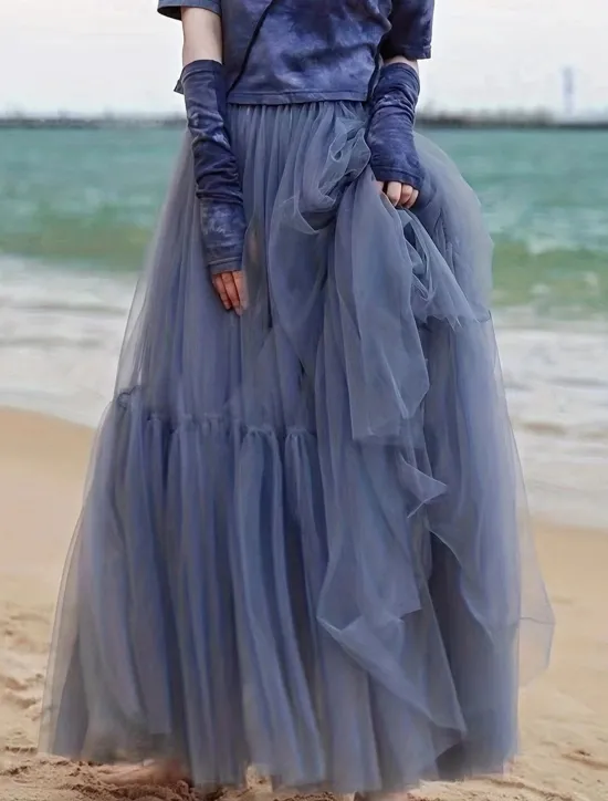 Online Women's Skirt A Line Swing Fashion Casual Maxi High Waist Skirts Solid Colored Layered Casual Daily Weekend Black Blue Summer Tulle Women Skirts