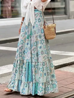 Outlet Women's Skirt A Line Swing Long Skirt Maxi High Waist Skirts Ruffle Print Floral Geometric Daily Holiday Summer Fashion Casual Boho Pink Blue Green Light Blue Women Skirts