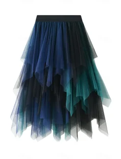 Online Women's Skirt A Line Swing Fashion Casual Midi High Waist Skirts Color Block Irregular Hem Layered Vacation Street White Pink Blue Green Winter Spandex Women Skirts