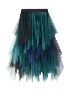 Online Women's Skirt A Line Swing Fashion Casual Midi High Waist Skirts Color Block Irregular Hem Layered Vacation Street White Pink Blue Green Winter Spandex Women Skirts