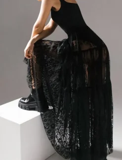 Women's Skirt A Line Swing Elegant Vintage Sexy Long Maxi Mid Waist Skirts Lace Ruffle Patchwork Inelastic School Performance Spring, Fall, Winter, Summer Nylon Women Skirts