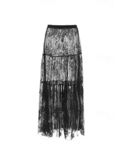 Women's Skirt A Line Swing Elegant Vintage Sexy Long Maxi Mid Waist Skirts Lace Ruffle Patchwork Inelastic School Performance Spring, Fall, Winter, Summer Nylon Women Skirts