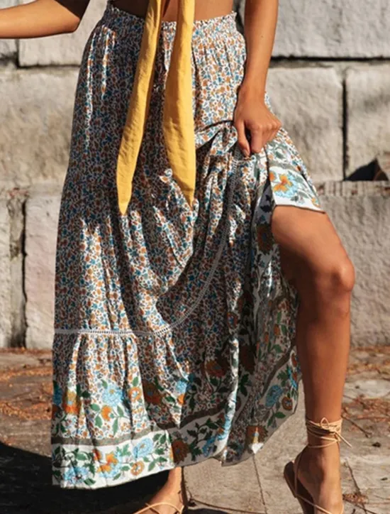Best Women's Skirt A Line Swing Bohemia Maxi High Waist Skirts Floral Print Floral Holiday Vacation Summer Casual Boho Apricot Red Women Skirts