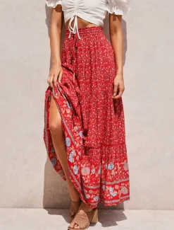 Best Women's Skirt A Line Swing Bohemia Maxi High Waist Skirts Floral Print Floral Holiday Vacation Summer Casual Boho Apricot Red Women Skirts
