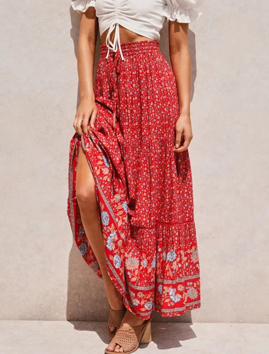 Best Women's Skirt A Line Swing Bohemia Maxi High Waist Skirts Floral Print Floral Holiday Vacation Summer Casual Boho Apricot Red Women Skirts