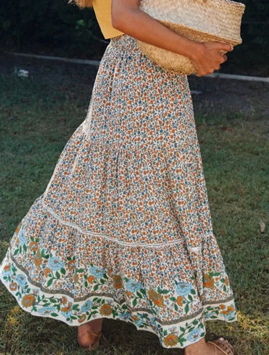 Best Women's Skirt A Line Swing Bohemia Maxi High Waist Skirts Floral Print Floral Holiday Vacation Summer Casual Boho Apricot Red Women Skirts