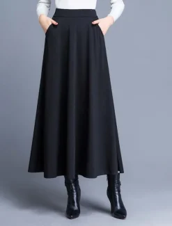 Discount Women's Skirt A Line Swing Midi High Waist Skirts Pocket Solid Colored Street Daily Winter Elegant Fashion Wine Black Red Women Skirts