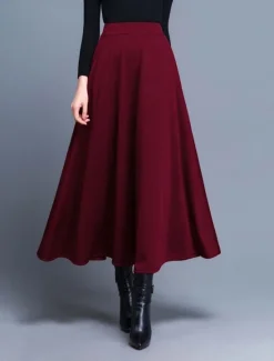 Discount Women's Skirt A Line Swing Midi High Waist Skirts Pocket Solid Colored Street Daily Winter Elegant Fashion Wine Black Red Women Skirts