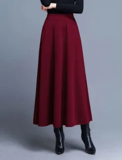 Discount Women's Skirt A Line Swing Midi High Waist Skirts Pocket Solid Colored Street Daily Winter Elegant Fashion Wine Black Red Women Skirts