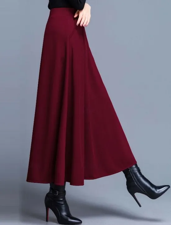 Discount Women's Skirt A Line Swing Midi High Waist Skirts Pocket Solid Colored Street Daily Winter Elegant Fashion Wine Black Red Women Skirts