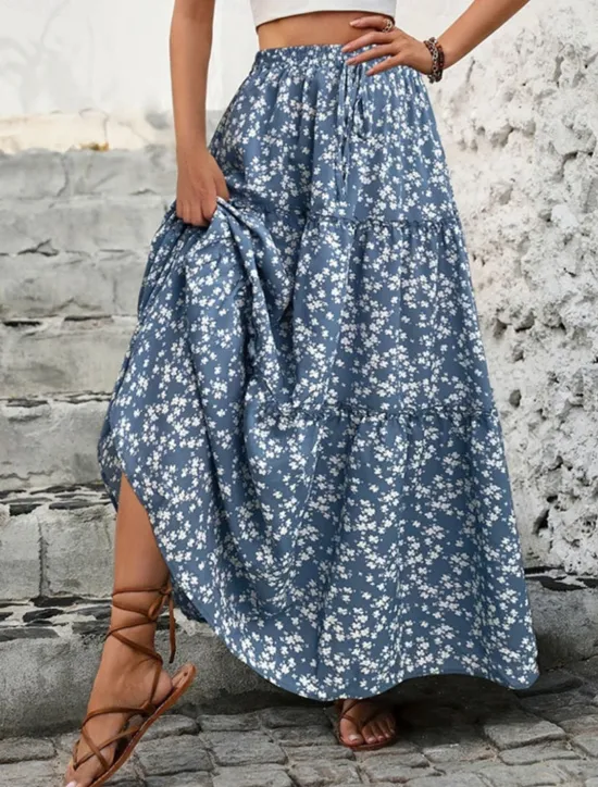 Discount Women's Skirt A Line Swing Bohemia Casual Maxi High Waist Skirts Floral Print Micro-elastic Street Daily Black Blue Summer Polyester Women Skirts|Spring Pants