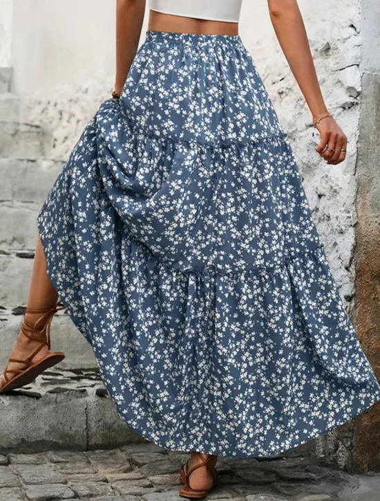 Discount Women's Skirt A Line Swing Bohemia Casual Maxi High Waist Skirts Floral Print Micro-elastic Street Daily Black Blue Summer Polyester Women Skirts|Spring Pants