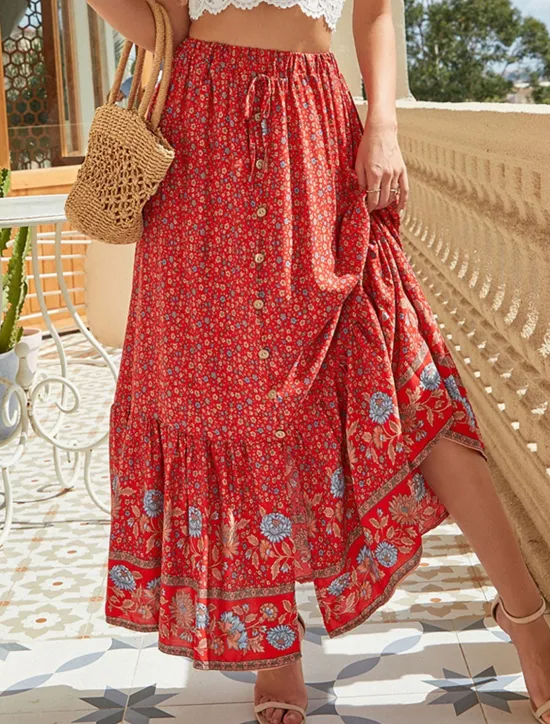 New Women's Skirt A Line Swing Bohemia Fashion Casual Boho Maxi High Waist Skirts Floral Drawstring Print Split Ends Vacation Daily Yellow Red Green Summer Rayon Women Skirts